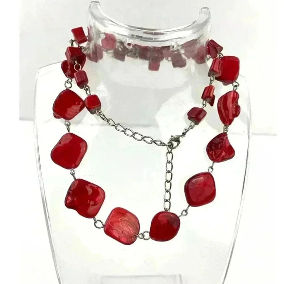 Red Natural Shell Chunky Beaded Necklace 20" Jewelry Silver Metal Tone - Picture 12 of 12